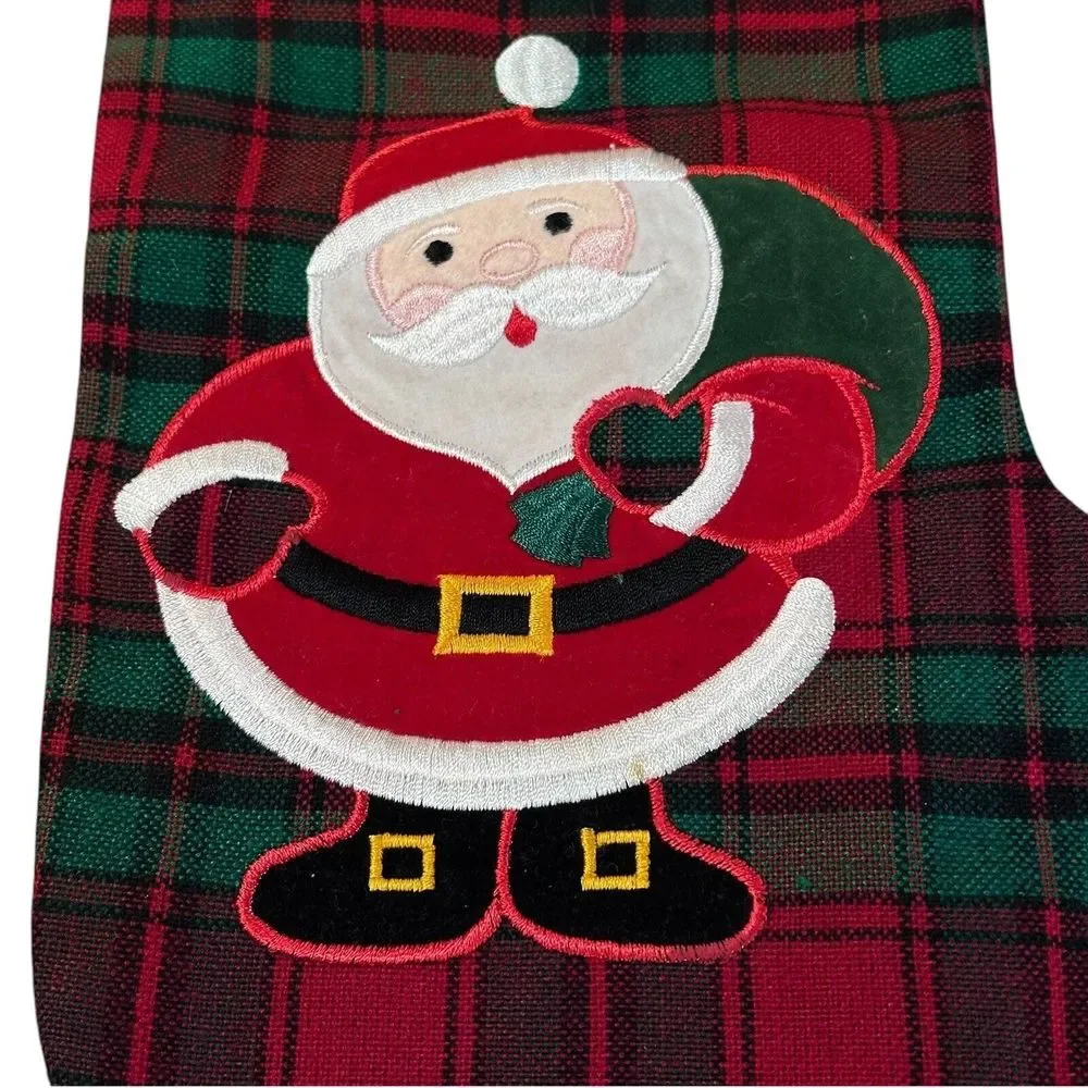 Vintage Mr and Mrs Claus Applique‎ Christmas red and green plaid Stocking